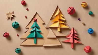 The primary subject of the image is a collection of paper Christmas trees. There are three distinct trees, each with a different color and design. The setting is a table, and the visual style is a combination of digital art and illustration. The colors and mood of the image are festive and joyful, as the paper Christmas trees are a popular symbol of the holiday season.